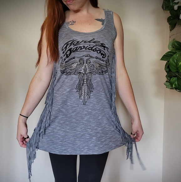 Harley Davidson Long Grey Tank Top w/ Fringe - Picture 5 of 6